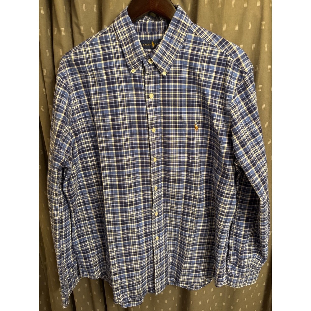 Ralph Lauren Mens XL Blue White Plaid Button Down Long Sleeve Cotton Shirt